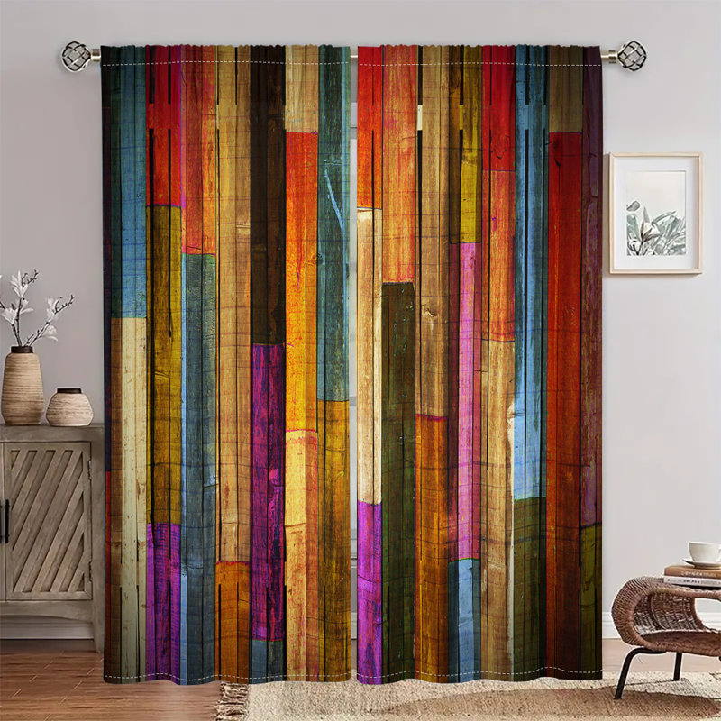 2Pcs Colorful Wood Panel Print Curtains Vintage Rustic Rainbow Wooden Planks Pattern Window Drapes Semi Sheer Light Filtering Rod Pocket for Living Room Bedroom Kitchen Dining Modern Home Decor