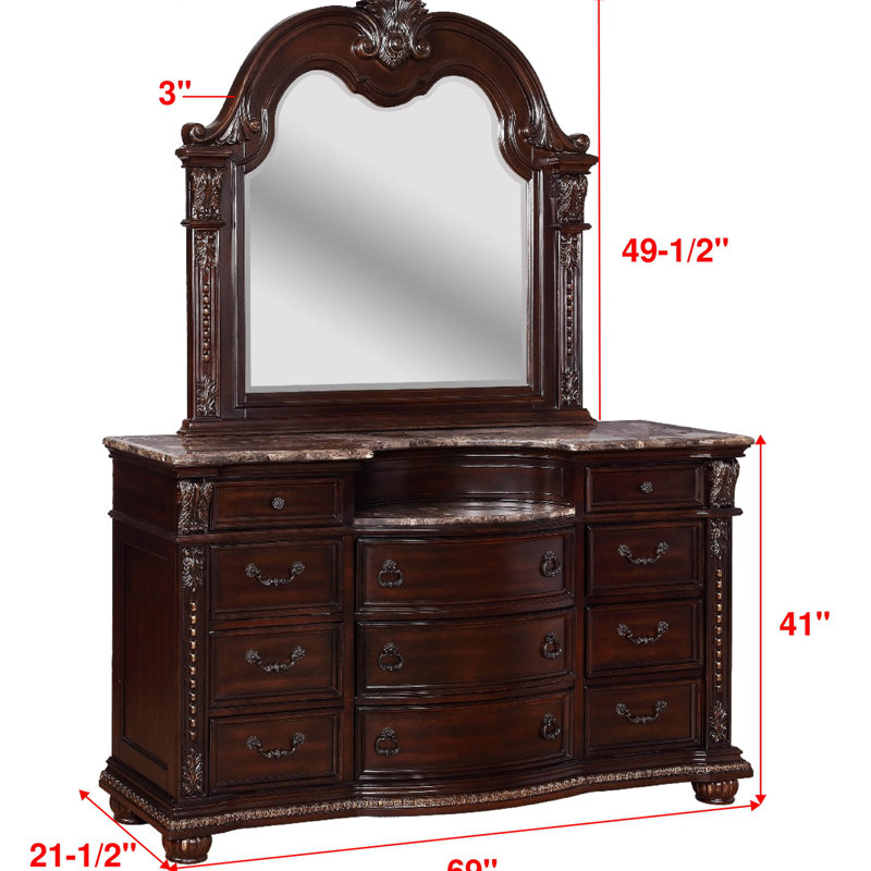 1pc Marble Top 11 Drawers Dresser, Brown,Cherry