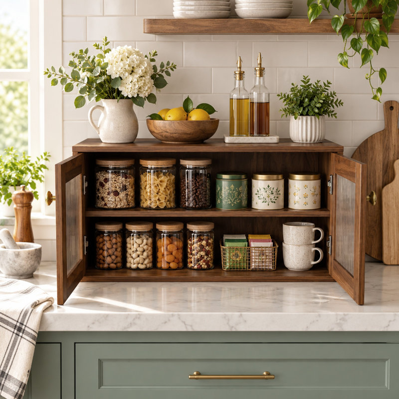 Armoire de comptoir avec tablettes à 2 niveaux et portes en verre