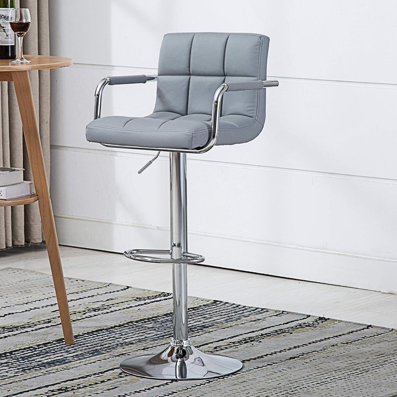 Contemporary Adjustable Swivel Arm Bar Stool With Cushion, Black
