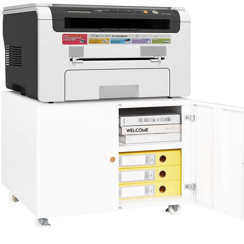 Armoire d'imprimante de bureau blanche à 2 portes: support mobile en acier avec surface lisse et support à 4 roues mobiles: support rotatif facile à nettoyer