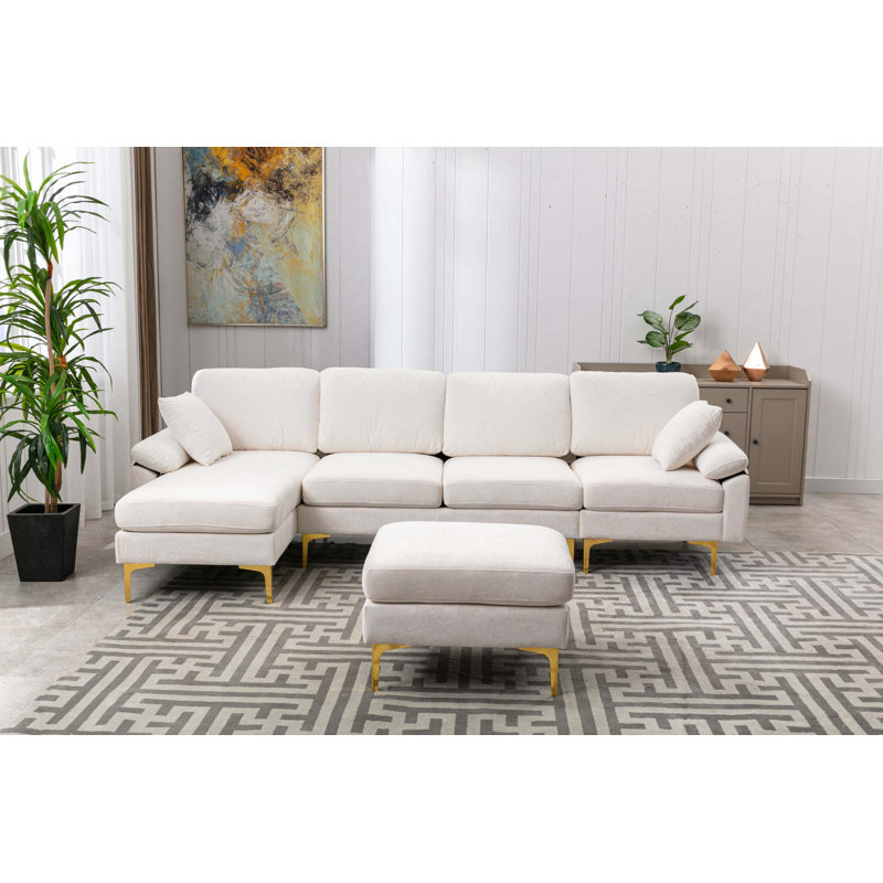 Canapé modulaire réversible en U avec repose-pieds, Velours blanc