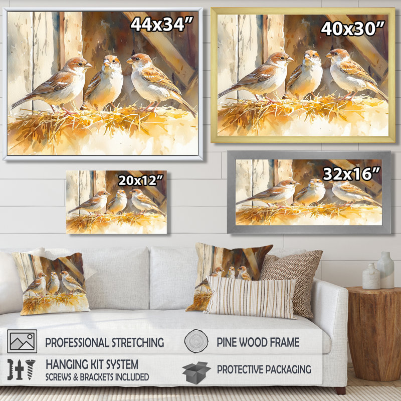 Sparrows Bird In The Barnyard I - bird Wall Art, 28" H x 60" W, Floater Framed, White