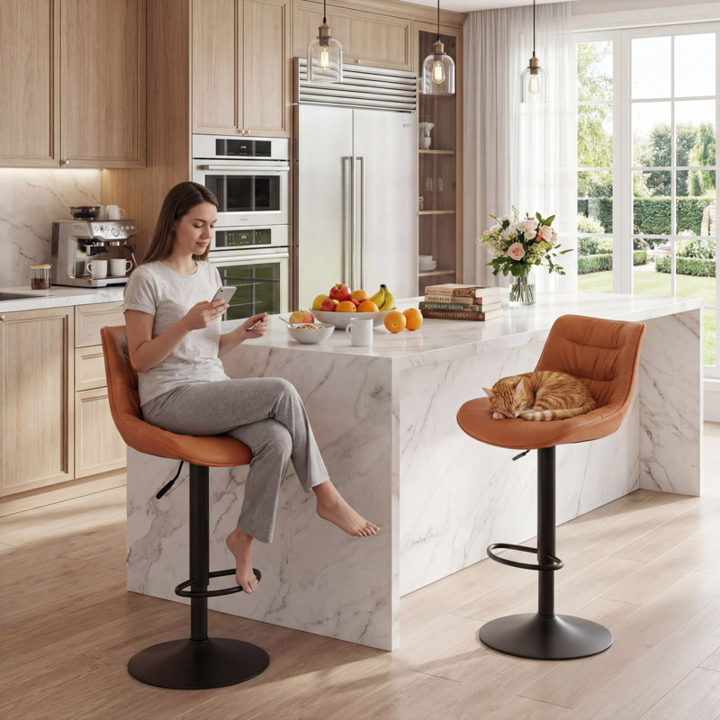 Latiera Swivel Adjustable Height Bar Stools Faux Leather Counter Stools with Footrest, Camel