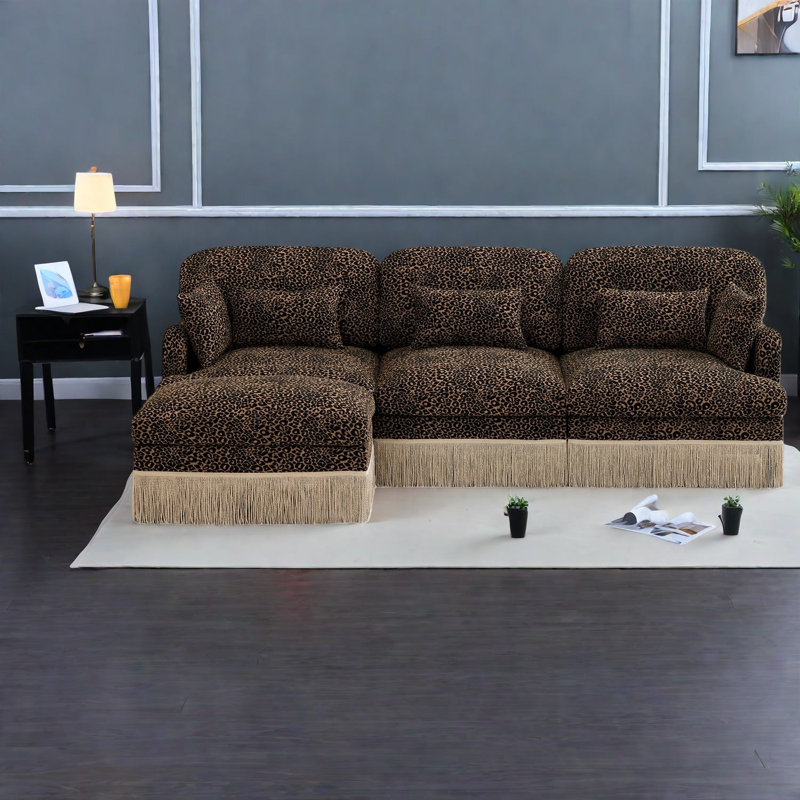 Modern Sofas, 100 Inch Chenille Leopard Sectional With Ottoman For Home