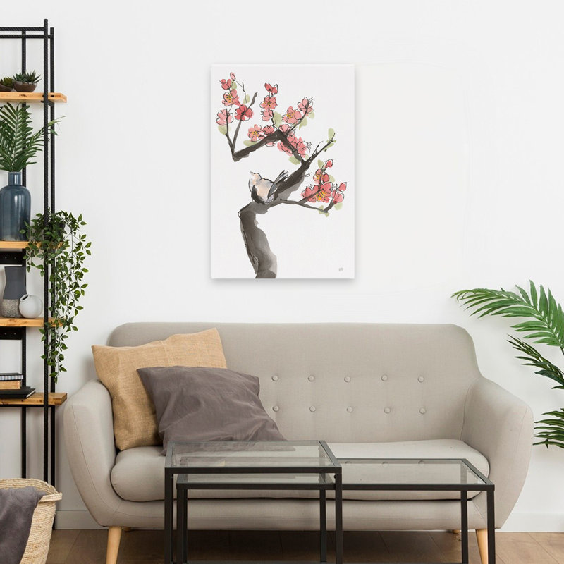 Prune rouge, branche I, animal contemporain, floral, oiseau noir, H 24 po x l 16 po