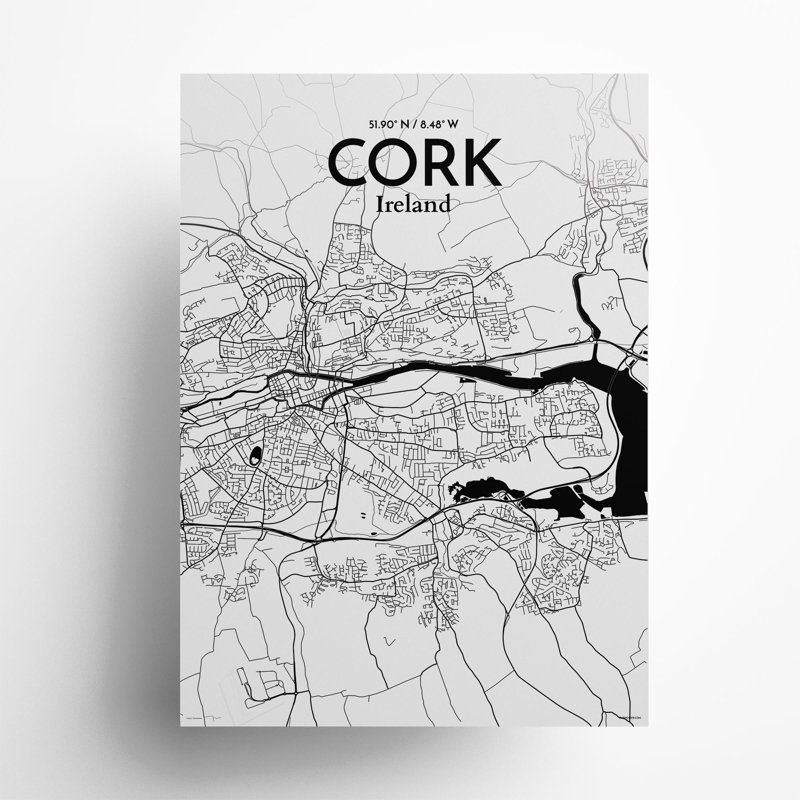 Cork City Map, impression, H 27,6 po x l 19,7 po, Noir et blanc