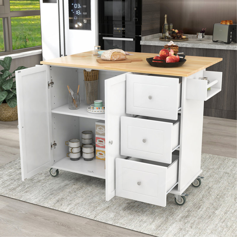 Solid Wood Top Kitchen Island, White