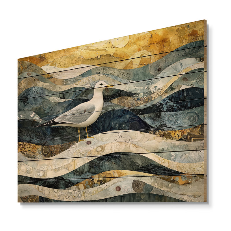 Mouette en marbre, vol de la côte II - impression de mouette sur bois de pin naturel, H 30 po x l 40 po x P 0,78 po