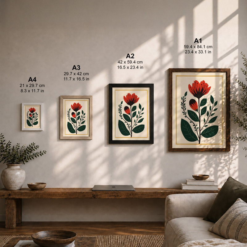 Single Stem in Red Botanical - Framed Print, A1 - 84.1 x 59.4 cm, White