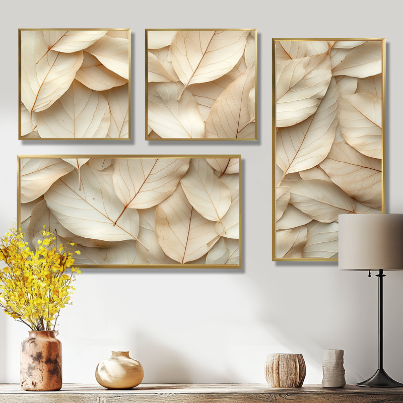Feuilles d'amande crème blanches 4 pièces, Impression encadrée sans passe-partout, Doré
