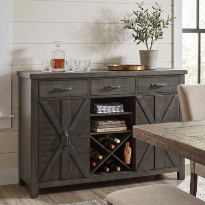 Desserte à tréteaux avec porte-bouteilles 20 bouteilles Sunset Trading | Buffet avec tablettes de rangement pour armoire de salle à manger | Bois gris vieilli