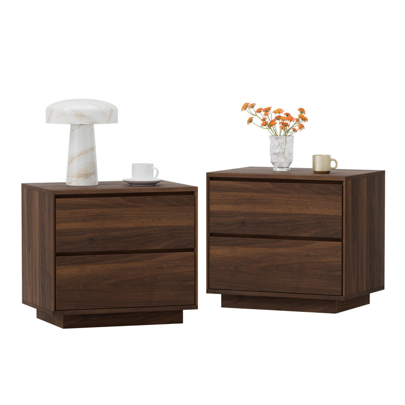 21.6" Wide Farmhouse 2-Drawer Nightstand – Wood Grain Finish, Compact Bedside Table, Set of 2, Brown