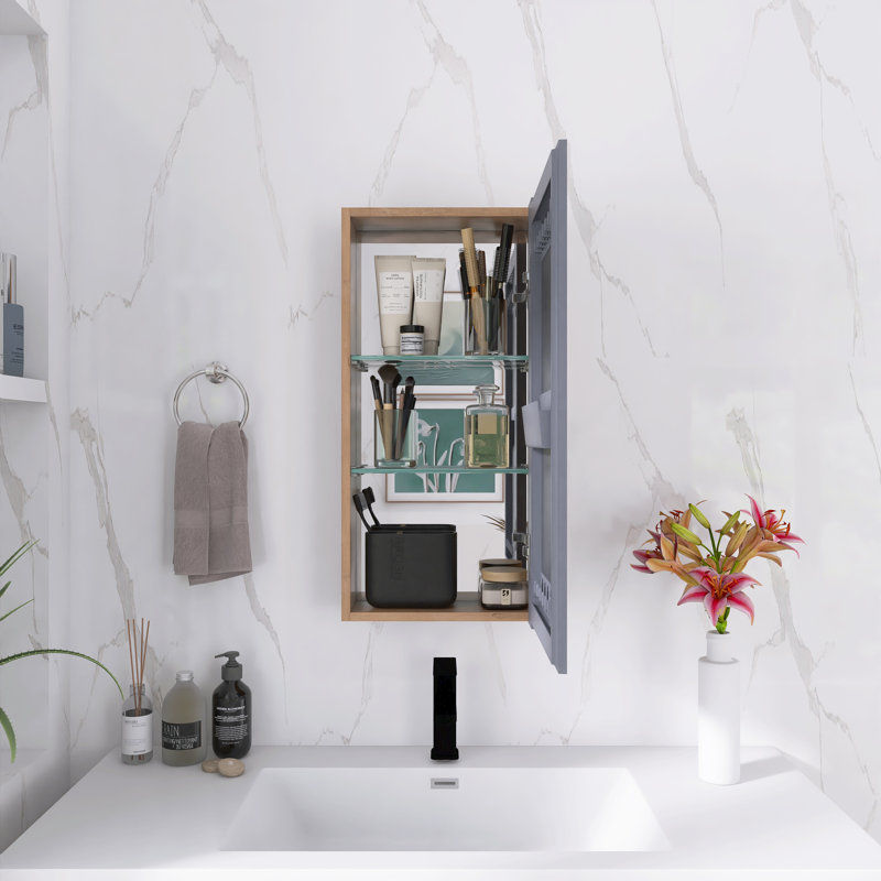 Armoire à pharmacie murale de 14 pouces avec porte miroir et tablettes réglables en verre, H 27,58 po x l 13,77 po x P 5,9 po