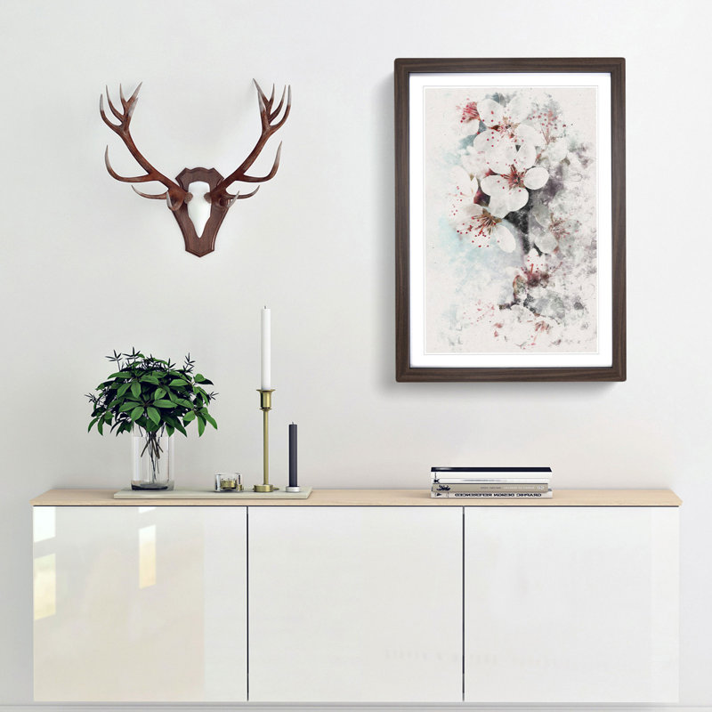 White Blossoms - Picture Frame Painting Print, 87cm H x 62cm W x 2cm D, Walnut Framed