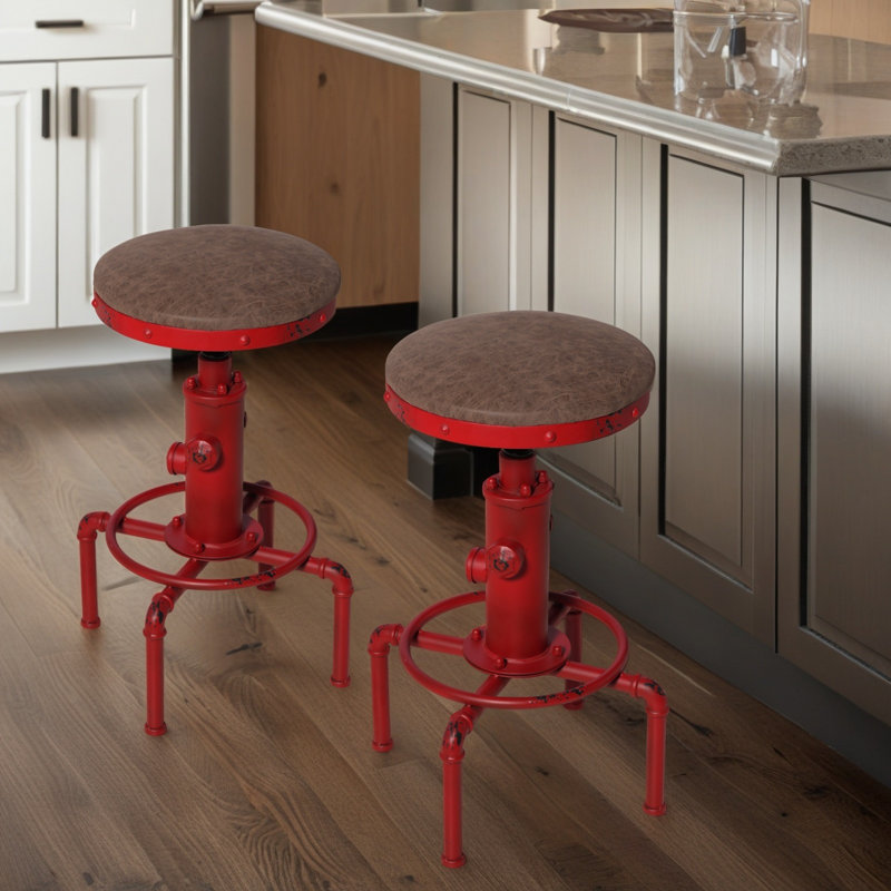 Ensemble de 2, tabouret de bar industriel rétro en similicuir, Rouge, 2
