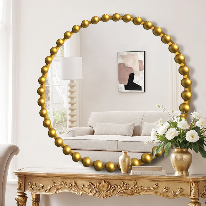 Metal-Framed Beaded Wall Mirror ,Circular Accent Mirror in Gold., Gold, 36" x 36"