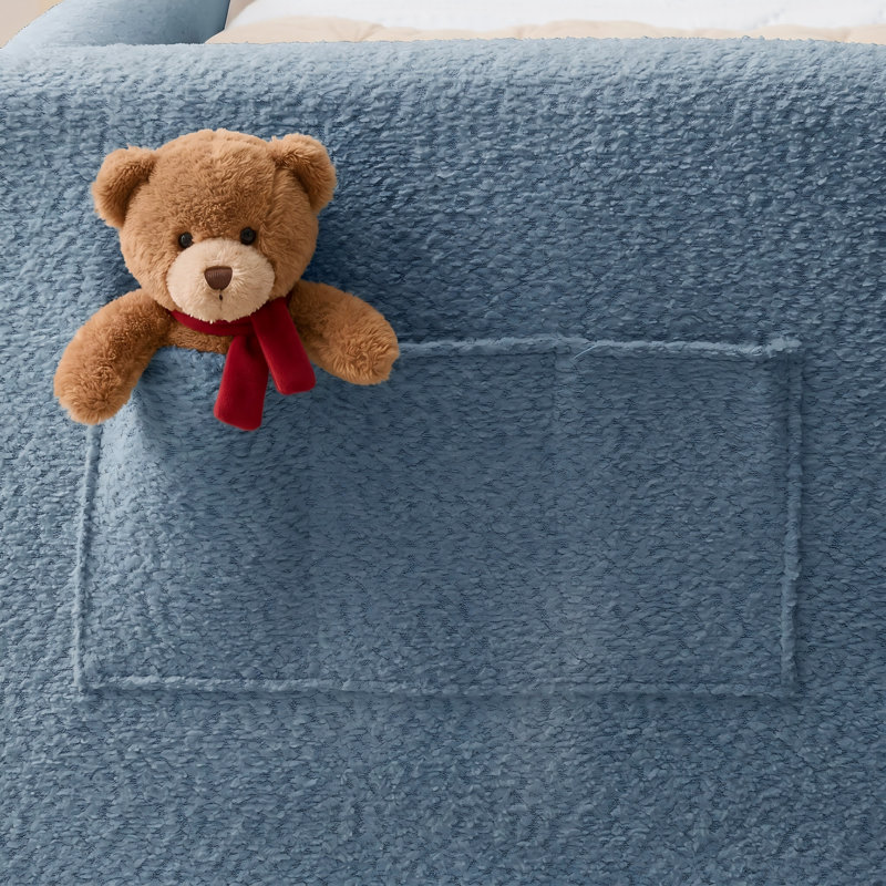 Lit plateforme bleu à double boucle, tête de lit Bunny, barrière de sécurité et poche de rangement latérale, Bleu