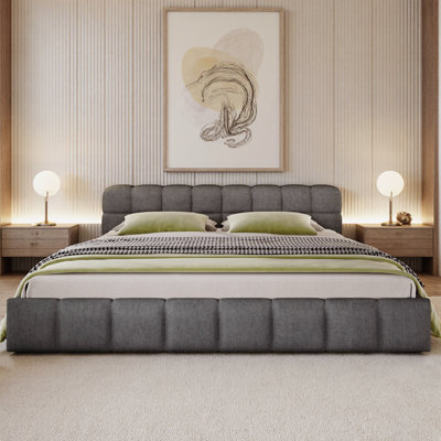 King Size Grey Chenille Upholstered Bed with Checkerboard Headboard