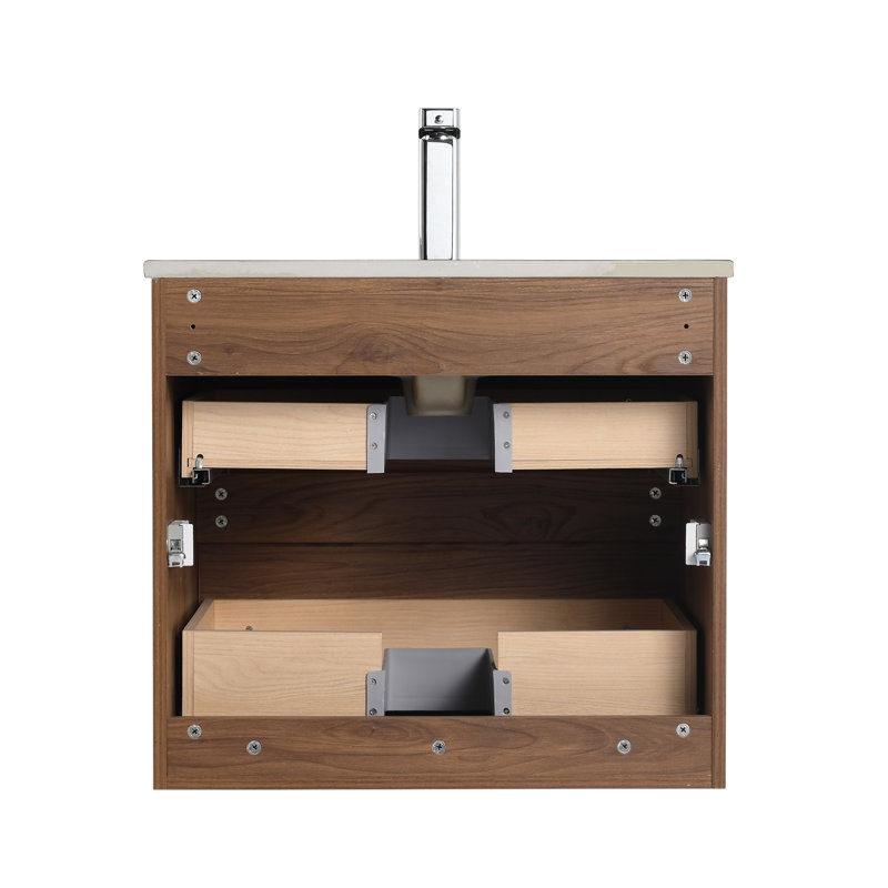 Meuble-lavabo mural 24 po avec lavabo - Armoire murale en bois avec plateau en céramique noir mat, tiroirs à fermeture en douceur et meuble-lavabo simple moderne