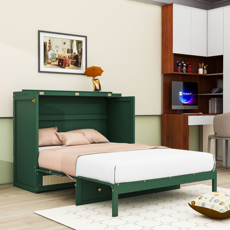 Lit escamotable 1 tiroir avec conception pliable peu encombrante, Queen, Vert
