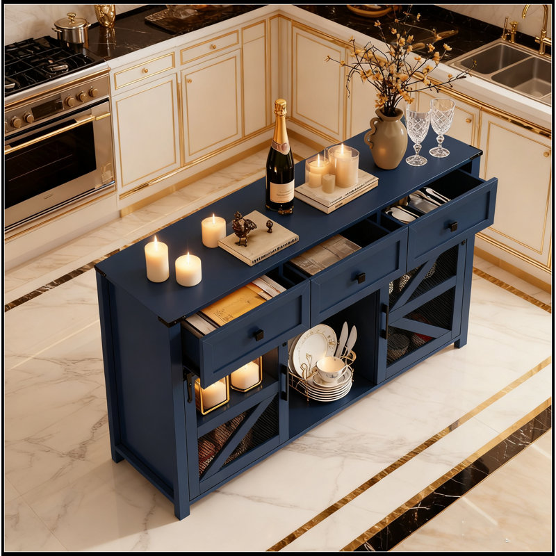 Sliding Barn Door Sideboard With 3 Drawers, Particle Board & Metal Mesh Storage Cabinet With Aluminum Handles & Metal Accents For Living Room, Dining Room