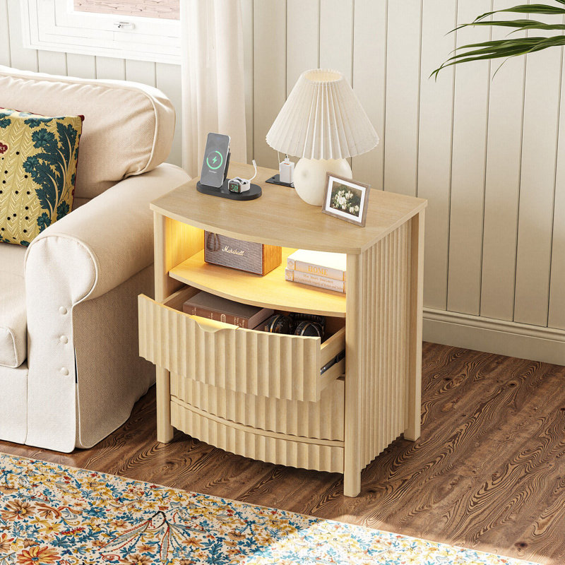 2-Drawers Nightstand with Charging Station & Open Storage, Bedside Table with Sensor Lights, Wood