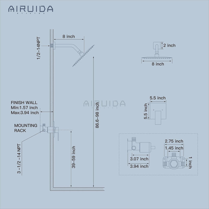Airuida Single Handle Shower Faucet Set With 8 Inch Rain Shower Head, SUS304 Stainless Steel Wall Mount Shower System With Rough-In Valve And Brushed Nickel Finish