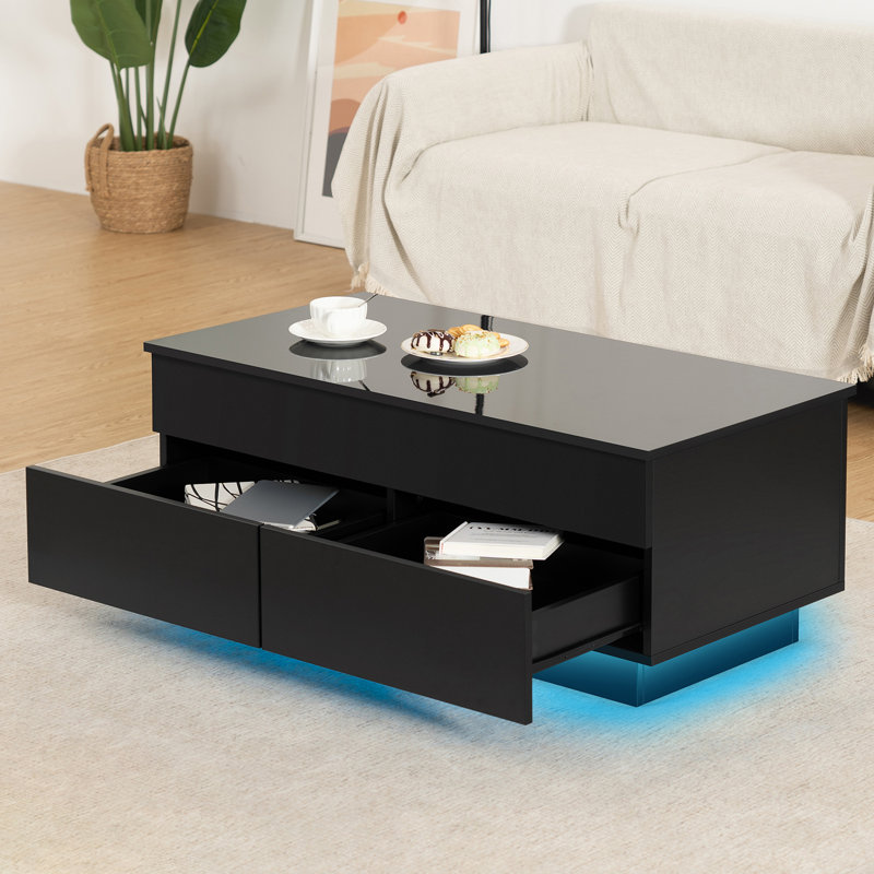 Black Rectangular Wood Lift-Top Coffee Table with Storage and LED Lights