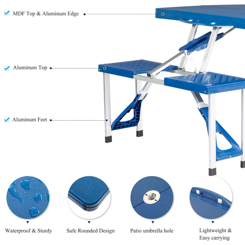 Rectangular Portable Folding Table with 4 Chairs, 26.18" H x 53.35" W x 33.66" D, Blue/White