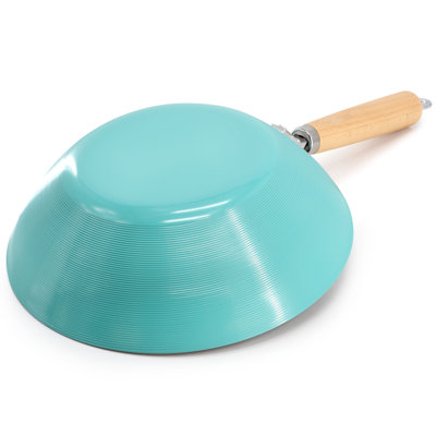 Martha Stewart Everyday Clarkston 10 Inch Nonstick Carbon Steel Wok with Wooden Handle in Teal