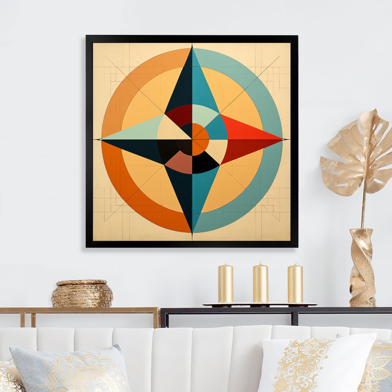 «Midcentury Compass», abstrait géométrique rétro sur toile, H 16 po x l 16 po x P 1 po, Cadre simple noir