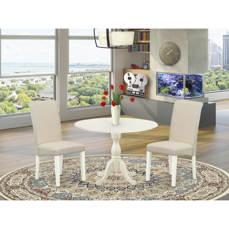 3 Piece Kitchen Table Set for Small Spaces Contains a Round Dining Table with Dropleaf and 2 Cream Linen Fabric Padded Chairs, Linen White