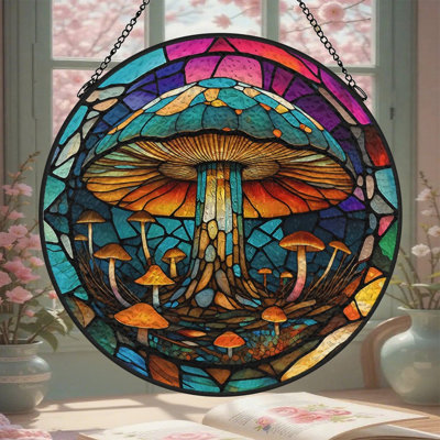 Stained Glass Mushro Stained Glass Panels Suncatcher for Window Decor