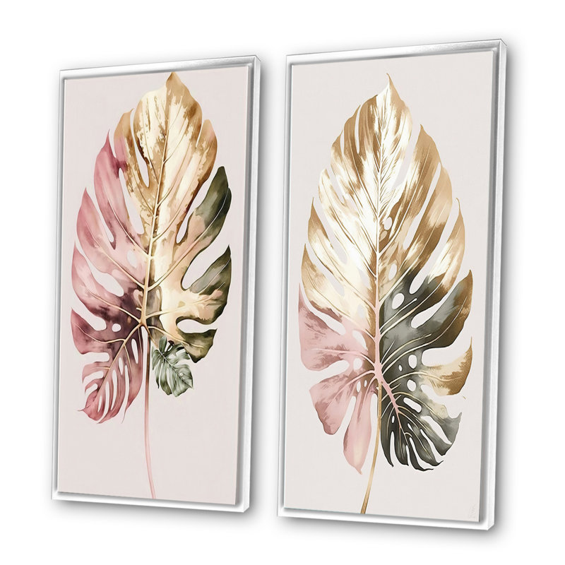 Feuille de philodendron doré et blanc - ensemble de 2 décorations murales - art floral imprimé pour la décoration intérieure