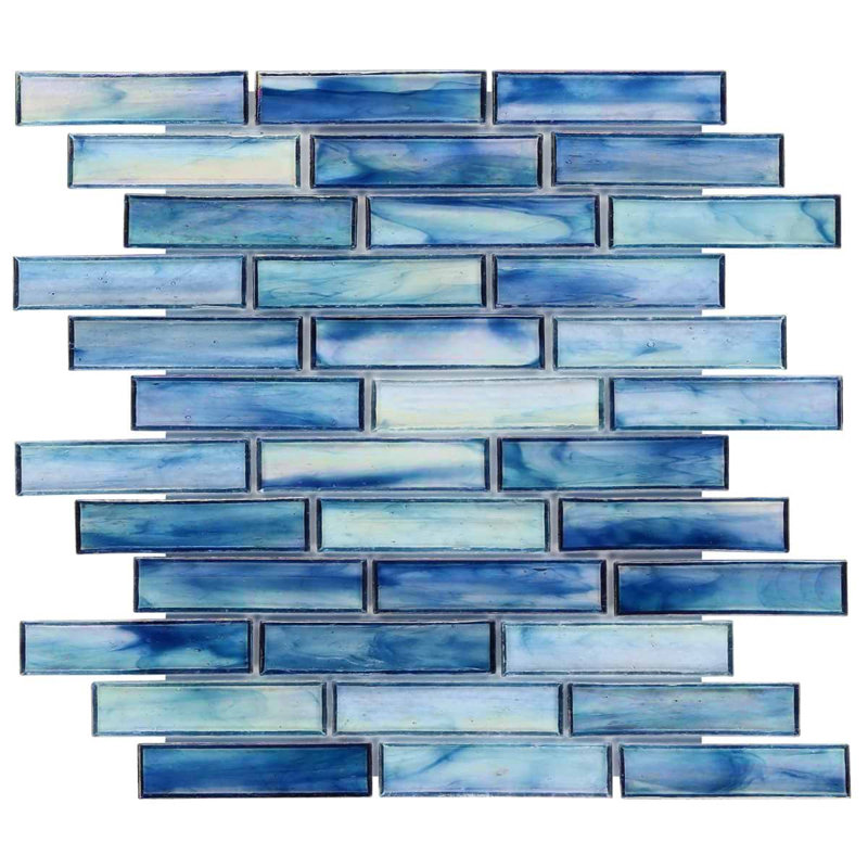 Artwater Iridescent 12x12 Brick Iridescent Polished Glass Mosaic Tile, Beach Blue