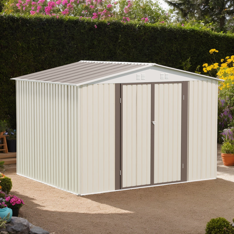 Abri de jardin blanc 10 pi x 8 pi avec fondation, cadre en aluminium et porte à charnière