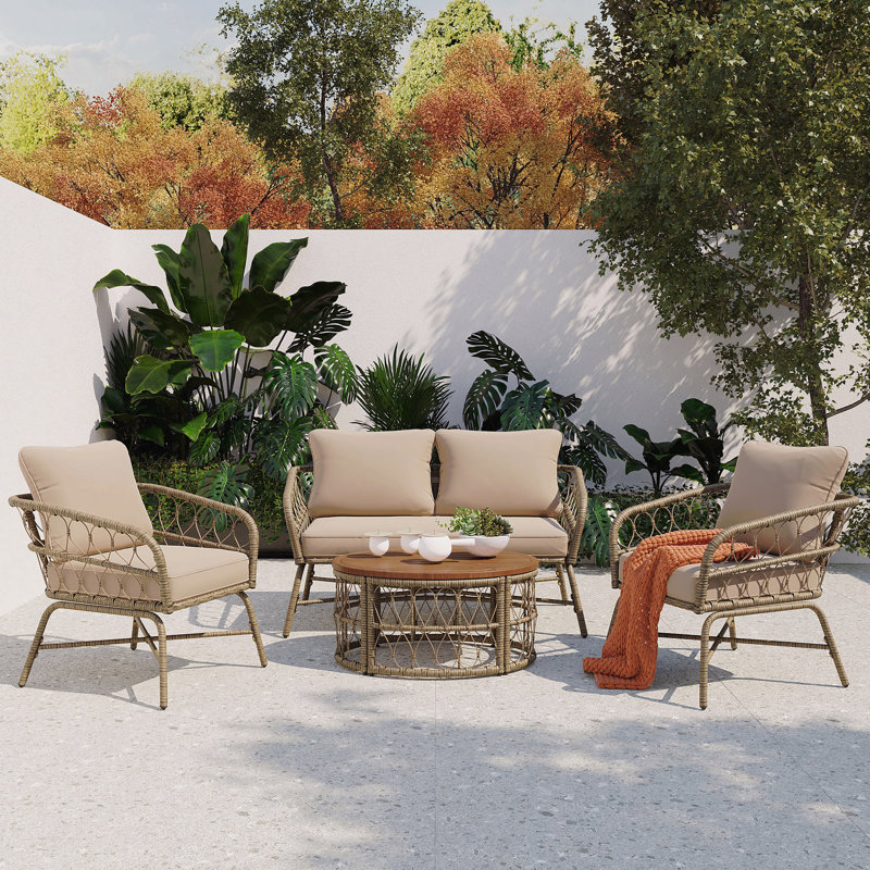 Ensemble de conversation d'extérieur 4 personnes avec coussins amovibles, ensemble de patio conversation avec plateau en bois d'inspiration bohémienne, beige