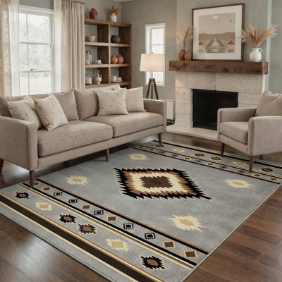 Tapis d'intérieur gris / beige / noir à motif géométrique moderne lavable à la machine avec envers antidérapant