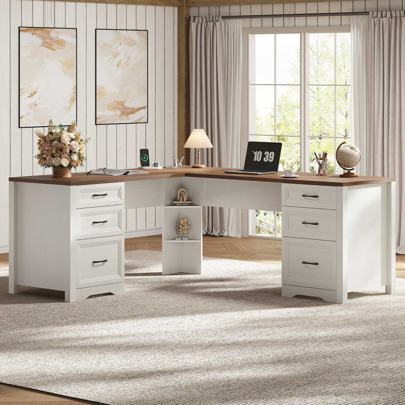 Bureau de direction en L en bois avec 6 tiroirs, Brun