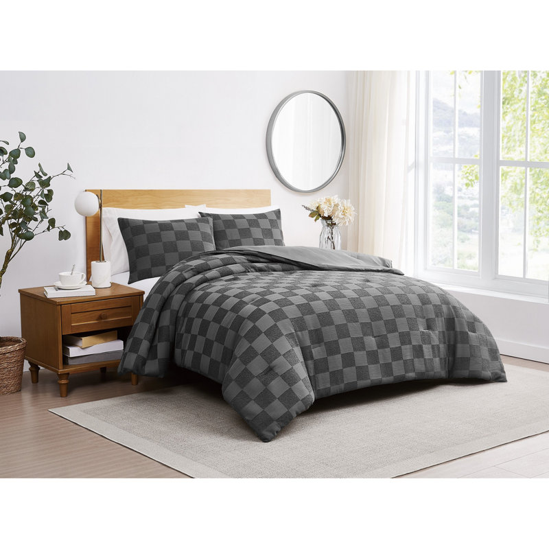 Lora Textured Checkered Duvet Set, Gray, Queen Duvet Cover + 2 Standard Shams