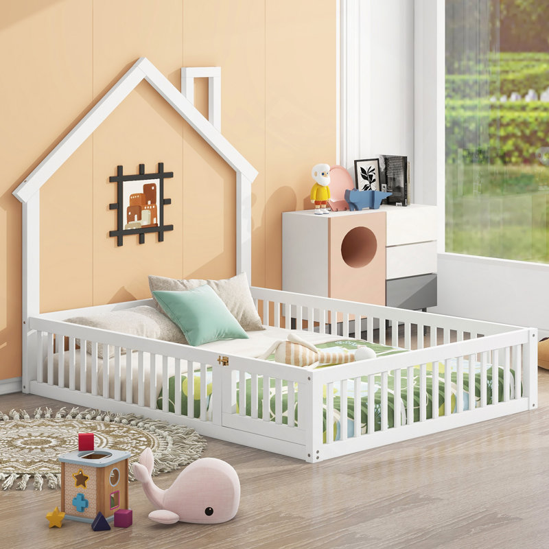 Lit, lit plateforme en bois avec garde-corps, blanc