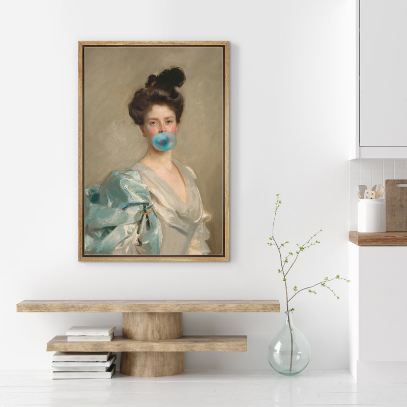 "Alteré classique Portraits", femme élégante avec impression éclectique bleue, H 36 po x l 24 po, Cadre naturel flottant