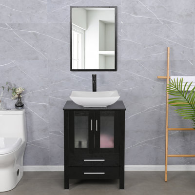 Meuble-lavabo simple 24 po avec comptoir en bois manufacturé et plateau en bois manufacturé, robinet et drain Rick