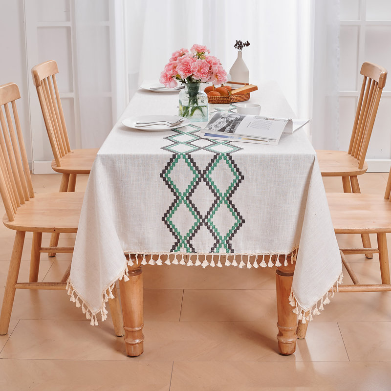 Linen-Like Diamond Checkered Embroidery Tablecloth with Fringe, 55" Rectangle, Blue