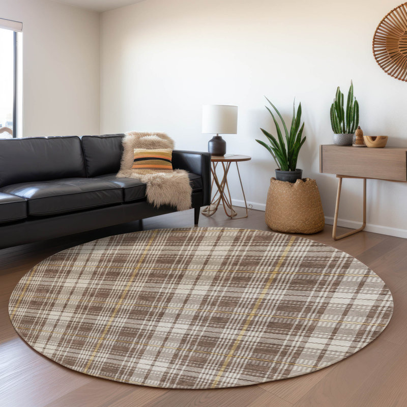 Premium Machine Washable Natoma AMF993 Plaid Rug, Rond 8 pi