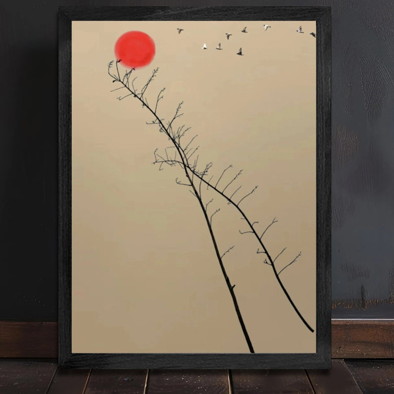 Oeuvre encadrée noire minimaliste prête à être accrochée à la boule rouge, cadre encadré en bois noir inclus