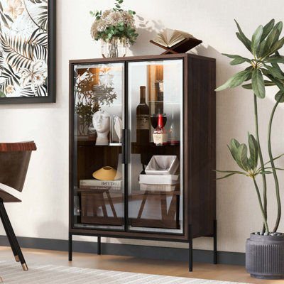 Freestanding Display Cabinet, Pantry With 2 Storage Drawers And Glass Doors, Curio Cabinet With 4-Tier Adjustable Shelves And LED Light, For Living Room, Kitchen, Office