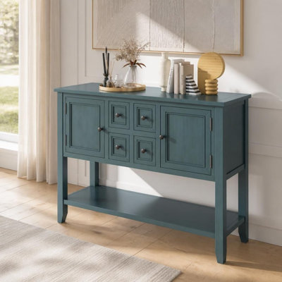 Console multifonctionnelle de style rétro avec un grand espace de rangement, quatre petits tiroirs et une tablette inférieure robuste, une table de rangement autoportante durable
