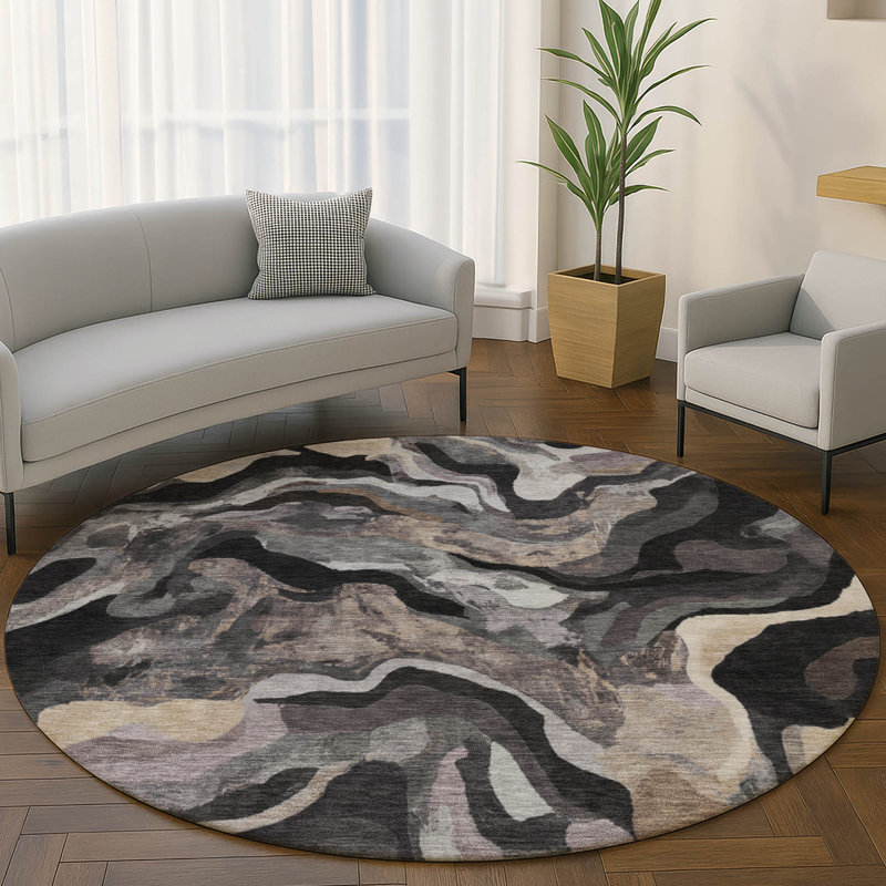 Tapis moderne lavable à la machine de qualité supérieure Mayfield AMF2162, Granite, Rond 8 pi